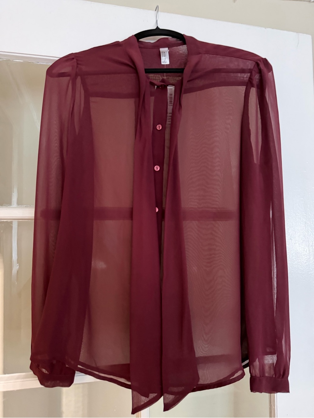 American Apparel Burgundy Sheer Tie-Neck Blouse - Picture 2 of 5